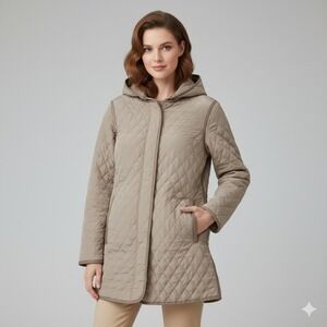 Garnet Hill Coat Womens 10 Beige Quilted Hooded Long Sleeve Front Zipper